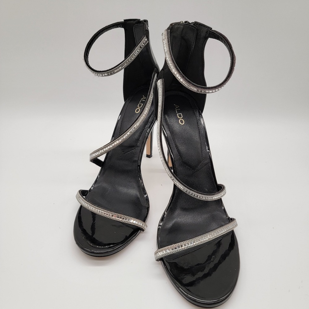 Aldo Womens Size 9 Black Silver Strappy Stiletto Rhinestones Sandals Dress Heels